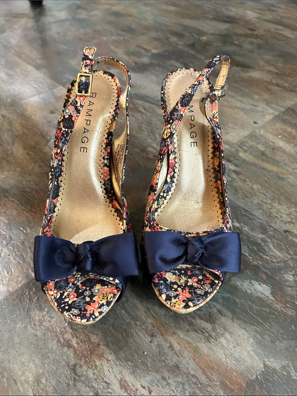 Rampage Navy Floral Slingback Heels with Satin Bow